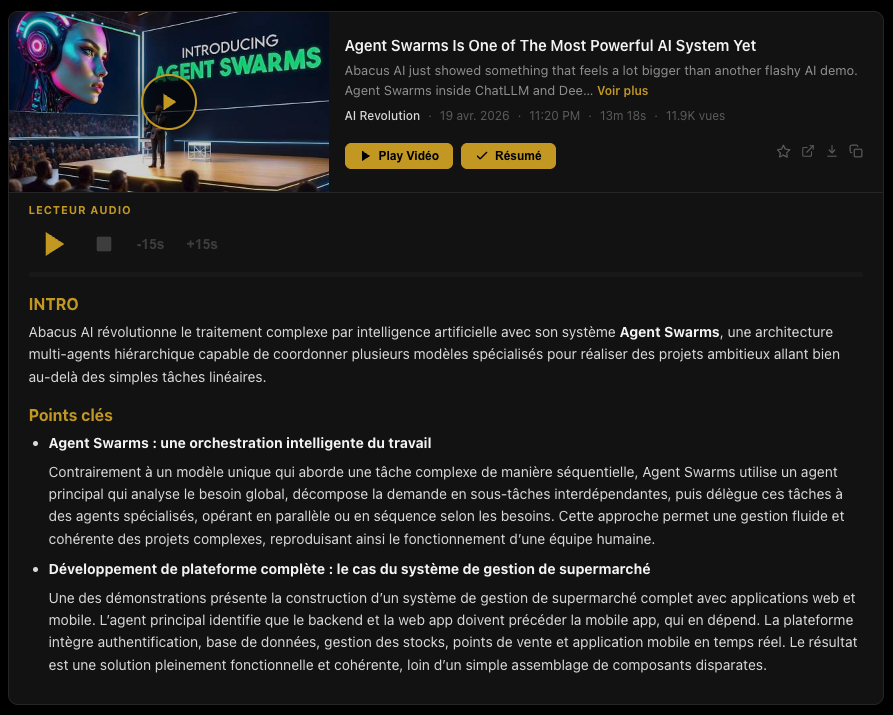 Preview of an 8news YouTube video summary with audio player, intro and key points.